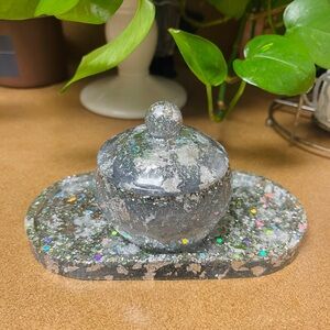 Silver Glitter Trinket Resin Dish with Lid New set/3 pcs